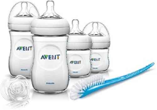Philips Avent newborn feeding set including bottles, pacifier, and cleaning brush, all BPA free.
