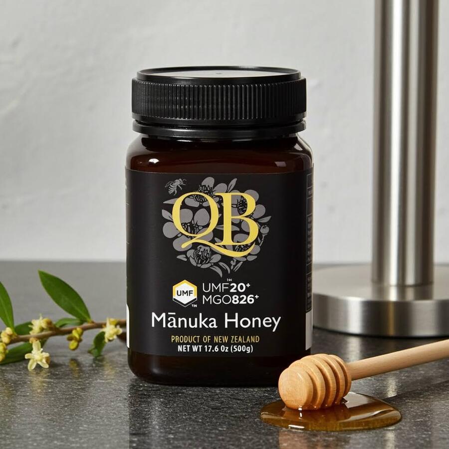 QB Manuka Honey UMF 20+ Grade Raw New Zealand MGO 826+ Immune Health, Natural Antibacterial Honey (500g)