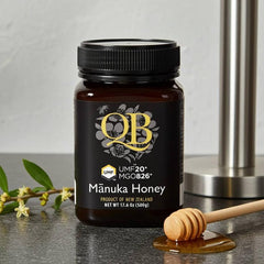 QB Manuka Honey UMF 20+ Grade Raw New Zealand MGO 826+ Immune Health, Natural Antibacterial Honey (500g)