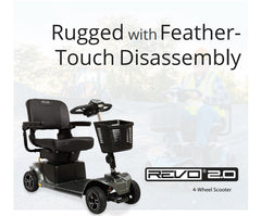 Pride Revo Mobility Scooter 4 Wheel Foldable Travel Scooter,400 lbs. weight capacity,52" turning radius,Comfort-Trac front and rear suspension,Durable and stylish rear bumper:,Easily accessible tie-down points (for transport of unoccupied scooter,Easy-to-