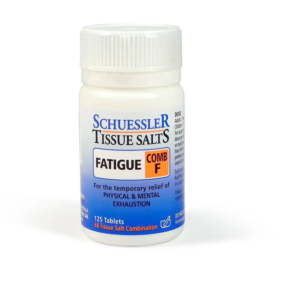 Schuessler Tissue Salts 125 Tablets – Comb F Comb F,Combination F,fatigue,issues,mental exhaustion,migraine,Migraine headaches,nervous headaches,persistent headaches,physical exhaustion,schuessler,stress,tablets,Tags: assist with,tissue salts
