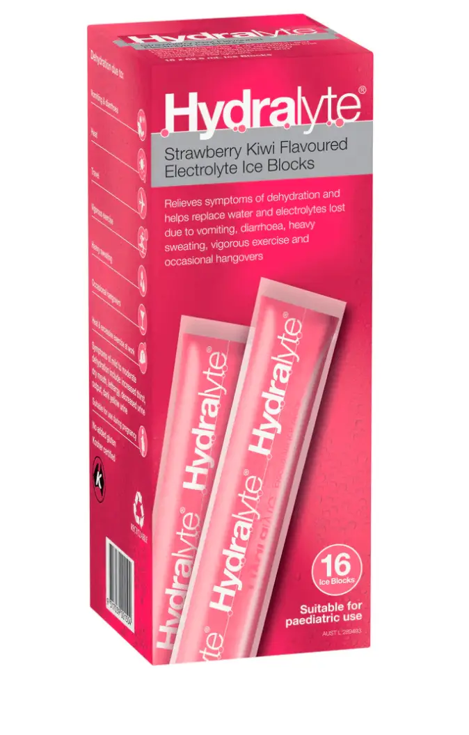 Hydralyte Strwaberry Flavoured Electrolyte Ice Blocks dehydration,hydralyte,hydration,issues