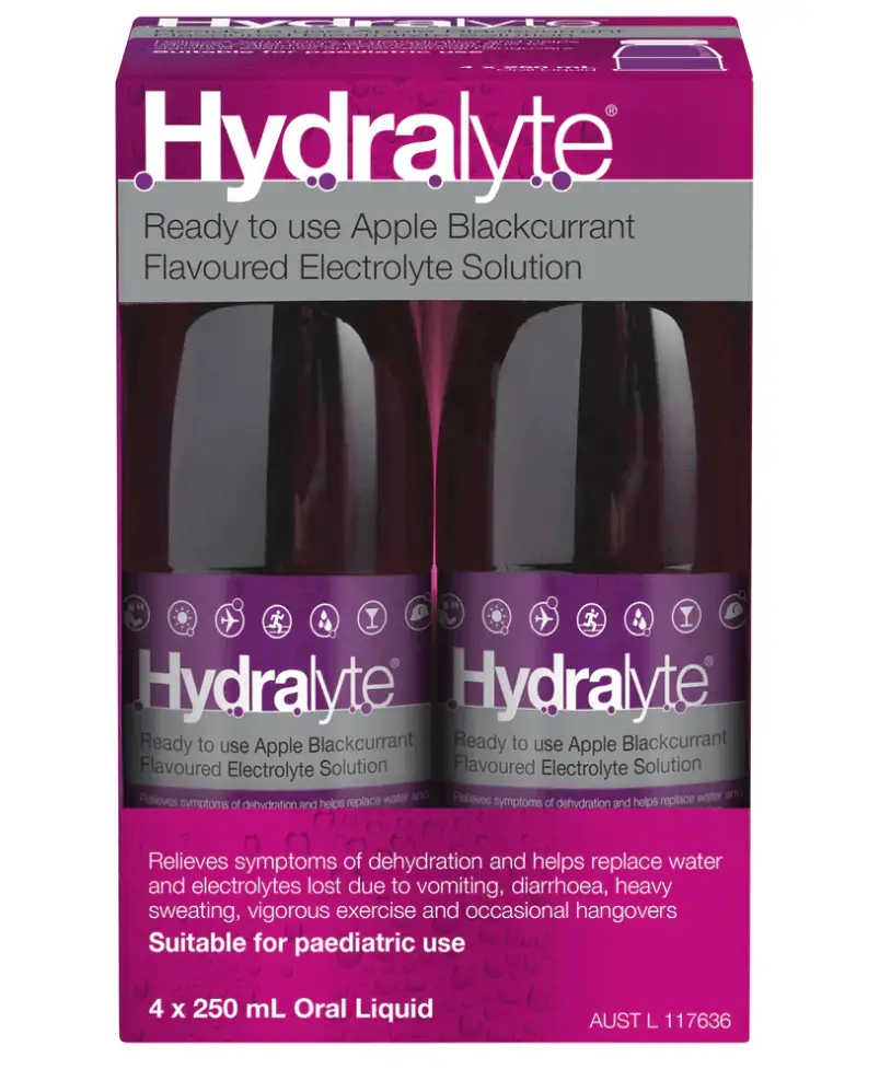 Hydralyte Apple Blackcurrant Flavoured Electrolyte Solution 4 x 250ml dehydration,electrolyte,hydralyte,issues