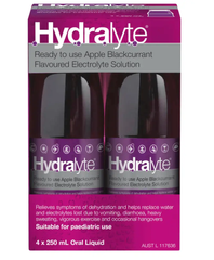 Hydralyte Apple Blackcurrant Flavoured Electrolyte Solution 4 x 250ml dehydration,electrolyte,hydralyte,issues