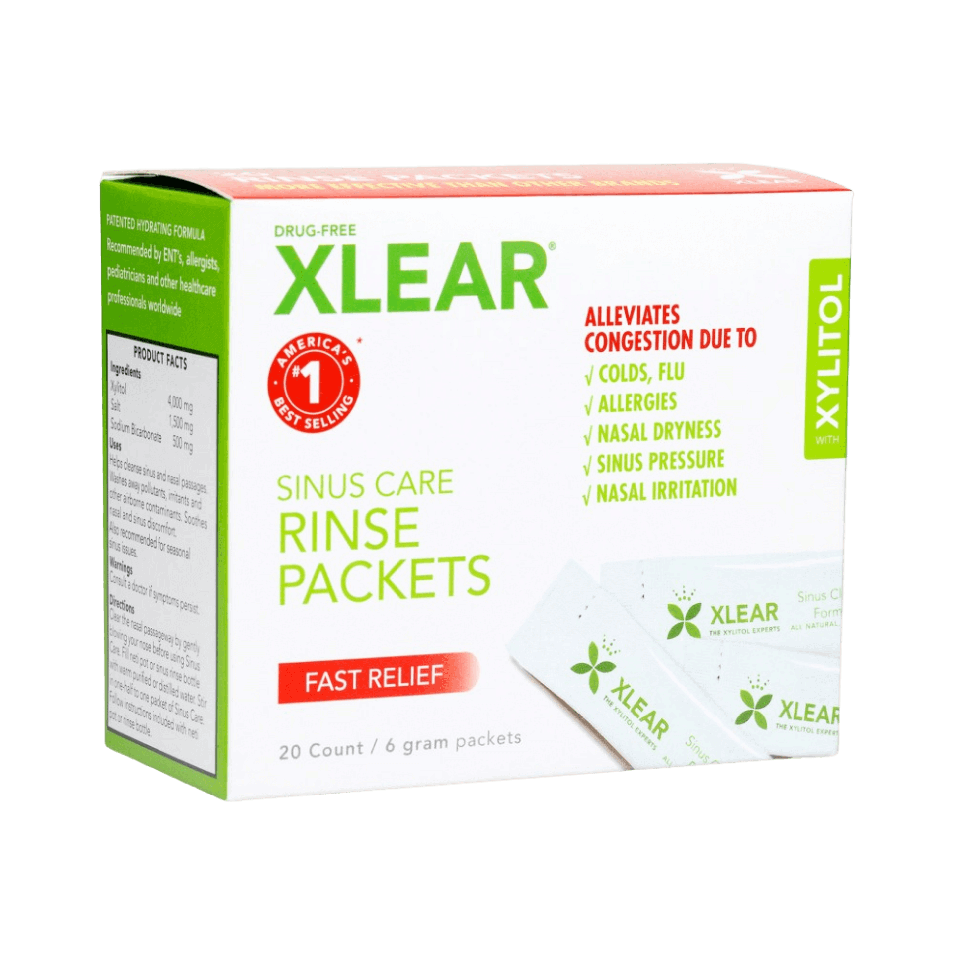 xlear sinus rinse refills box with 20 packets for fast relief from sinus issues and allergies.