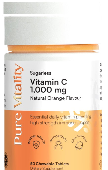 Pure Vitality Sugarless Vitamin C 1000mg 50CHWT anti-aging,bone strength,energy levels energy and vitality,fertility,healthy fertility,healthy hormonal balance,healthy immune function,healthy immune system,healthy mood,healthy stress levels,high strength,