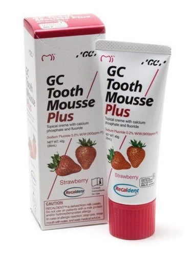 GC Tooth Mousse Plus - Strawberry Bio-available calcium,issues,milk-derived protein,phosphate,strawberry flavour,Tooth Mousse Plus