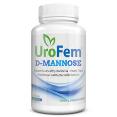 UroFem D-Mannose 1000mg dietary supplement for urinary health with 50 tablets, supports bladder and bacterial balance.
