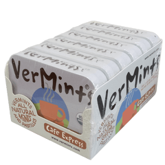 VerMints – Café Express (6 tins) 30 Peppermint,Breath-Freshening,Chai,Cinnamon,Clean Eating,Eco-Friendly,Fair Trade,Healthy,Icy mint flavour,issues,Kosher,mint,Mint Flavour,Mouth Freshner,Non-GMO,Nut-Free,Peppermint oil,Refreshing,Sustainable,USA-made,Ver