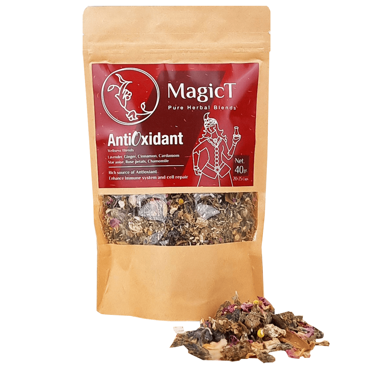 MagicT Anti Oxidant 40gr antioxidant,antioxidant blend,Cardamom,Chamomile,Cinnamon,dried ginger root,Ginger,Ginger and Cinnamon,gorgeous purple flowers,green tea,Green tea buds and upper leaves,highest quality in taste,highest quality Tea,Indian Ayurvedic
