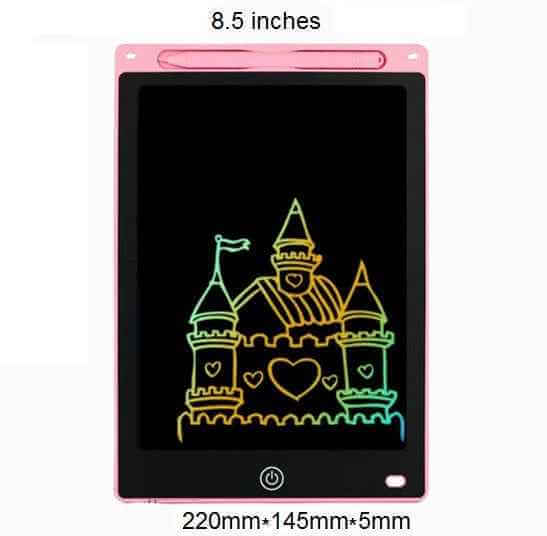 Rechargeable writing tablet displaying a colorful drawing of a castle, measuring 8.5 inches.