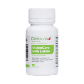 Clinicians Visioncare capsules for supporting eye and macular health in a white bottle.