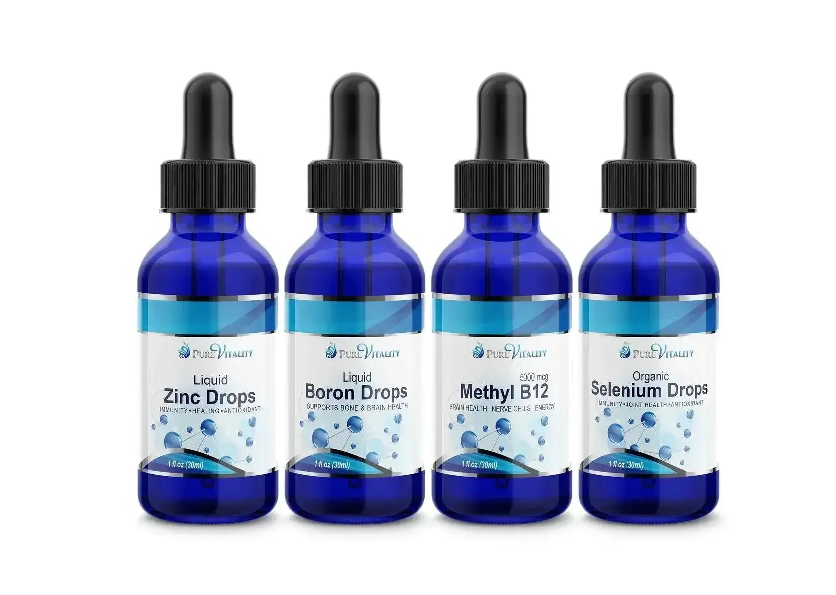 Pure Vitality 4 Daily Essential Vitamins & Minerals Bundle boron drops,drops,issues,methyl B12 drops,pure vitality,pure vitality beauty,pure vitality supplements,pure vitality vitamins,selenium drops,zinc drops