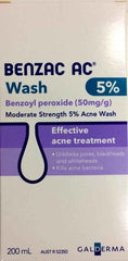 Benzac AC acne wash 5% packaging, 200ml, effective acne treatment, unblocks pores, kills acne bacteria.