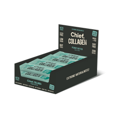 Chief collagen protein bars peanut butter display box with twelve bars showcasing extreme naturalness.