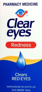 Clear Eyes Redness Drops 15ml packaging featuring brand elements and product details for eye care.