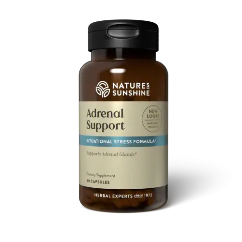Nature's Sunshine Adrenal Support adaptogenic herbs,adrenal glands,Adrenal Support,as well as cardiovascular,changes in hormone levels,chemical exposure,emotional upset,enzymes,essential minerals,excessive exercise,fatigue,gastrointestinal functions,Handl