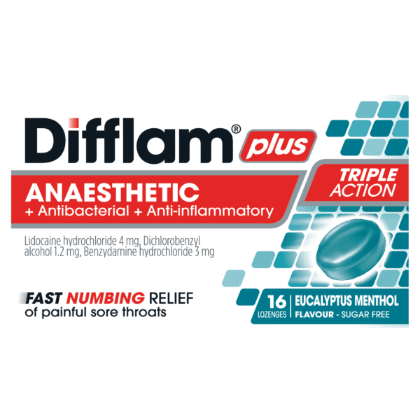 Difflam Plus Anaesthetic + Antibacterial + Anti-inflammatory lozenges Eucalyptus Menthol flavour 16 anaesthetic,anti-inflammatory,antibacterial,antibacterial lozenges,issues,local anaesthetic