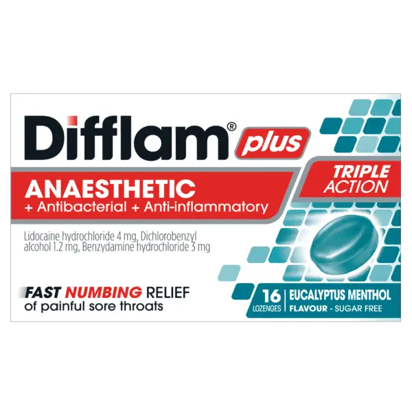 Difflam Plus Anaesthetic + Antibacterial + Anti-inflammatory lozenges Eucalyptus Menthol flavour 16 anaesthetic,anti-inflammatory,antibacterial,antibacterial lozenges,issues,local anaesthetic