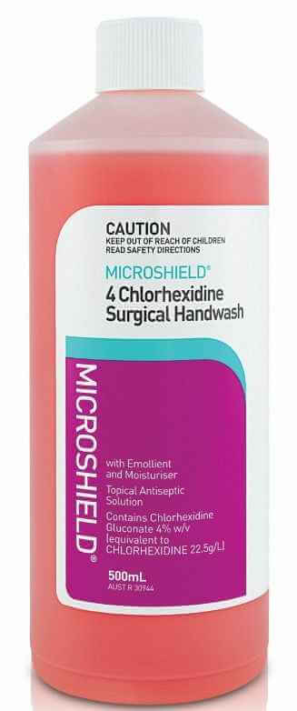 Microshield 4 Chlorhexidine 4% Surgical Scrub Antibacterial body washing and showering,Antibacterial hand washing,Do not mix with detergents or other chemicals.,Surgical hand disinfection