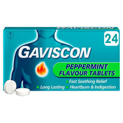 Gaviscon Tabs Peppermint 24 acid reflux,Gaviscon Tabs Peppermint,heart burn,heartburn,indigestion,issues,reflux