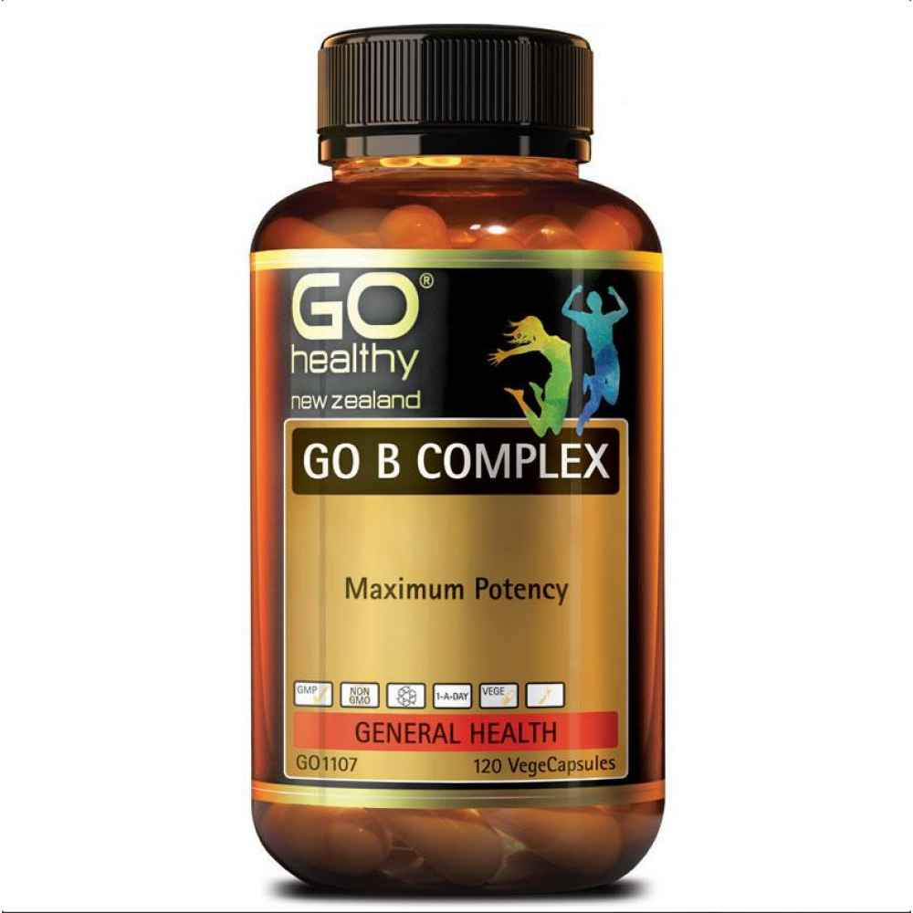 Go Healthy B Complex 120 Capsules showcasing essential B complex vitamins for wellness and maximum potency for general health.