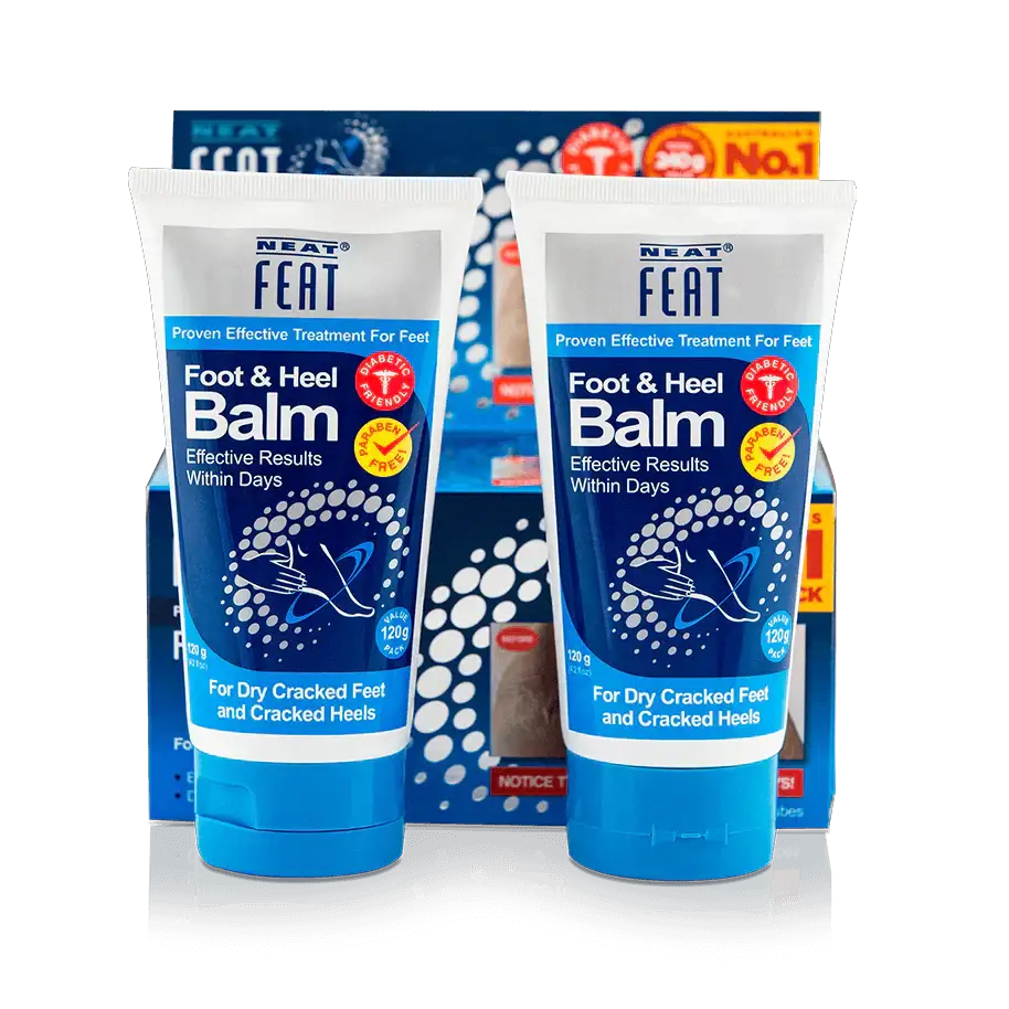 Neat heel balm for dry cracked feet 120gm tubes on display, proven formula for effective treatment.