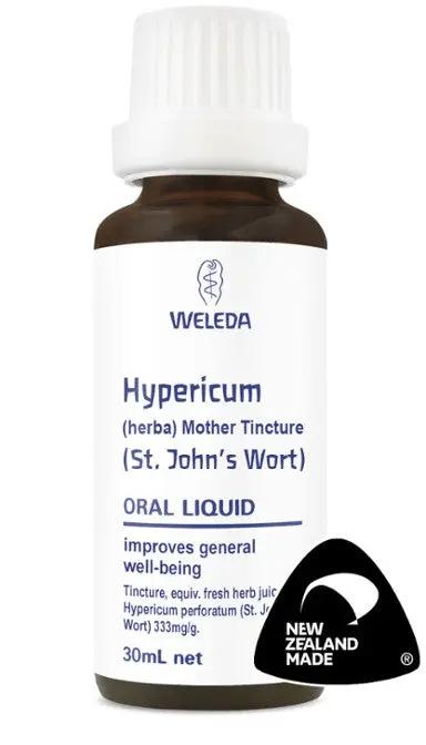 Weleda St John's Wort tincture 30ml bottle with label describing benefits for general well-being and stress relief.