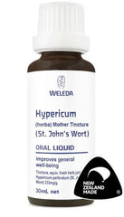 Weleda St John's Wort tincture 30ml bottle with label describing benefits for general well-being and stress relief.