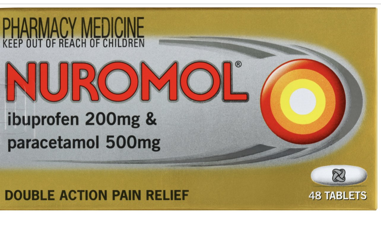 Nuromol 48 tablets ache,Allergic reactions,back neck shoulder pain,back pain,Cold and flu symptoms,cramp pain,cramping pain,dental pain,Dual action,foot pain,Gastric bleeding,Headache relief,Heart problems,ibuprofen,ibuprofen with paracetamol,issues,joint