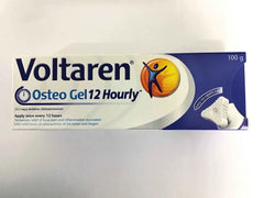 Voltaren Osteo Gel 100g packaging for pain relief with 12-hour formula for joint and muscle discomfort.