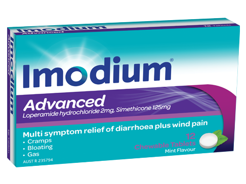 IMODIUM ADVANCED CHEWABLE TABLETS 2MG 12 abdominal discomfort,bloating,cramping pain,diarrhea,diarrhoea,gas,issues,stomach cramps,stomach pain,stomach spasm,wind
