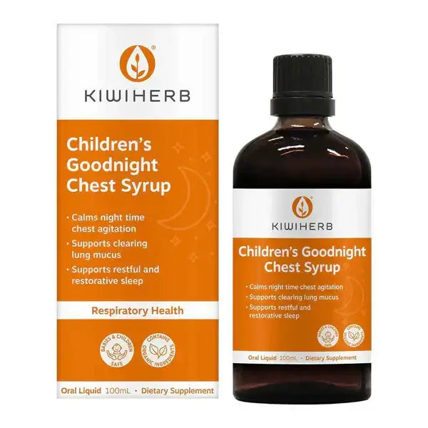 Kiwiherb Children's Goodnight Chest Syrup Calms tickly airways,Chest Care,chest syrup,Children's Goodnight Chest Syrup,Dry Chest Agitation,Encourages Restful Sleep,Goodnight Chest Syrup,issues,lung mucus,restful sleep,Soothes repeated,stubborn lung mucus,