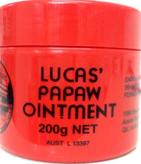 Lucas Papaw Ointment 200g jar showcasing its vibrant packaging and labeling with key benefits.