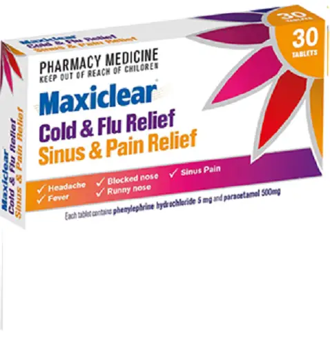 Maxiclear Cold and Flu Relief Tablets for Sinus and Pain Relief - 30 Tablets Cold and Flu Relief,Maxiclear,optimized,Over-the-Counter Medication,Pain Relief Tablets,Sinus Pain Relief