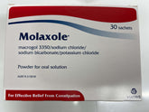 A box of Molaxole powder for constipation relief, with 30 sachets included. The packaging is primarily red and white with text detailing the product use and quantity.