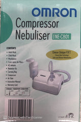 Omron NEC 801 nebuliser packaging displaying features and accessories for effective respiratory treatment.