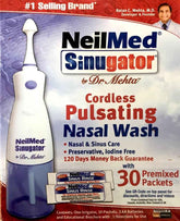 Neilmed Sinugator Cordless Pulsating Nasal Wash with 30 premixed packets for nasal hygiene and sinus relief.