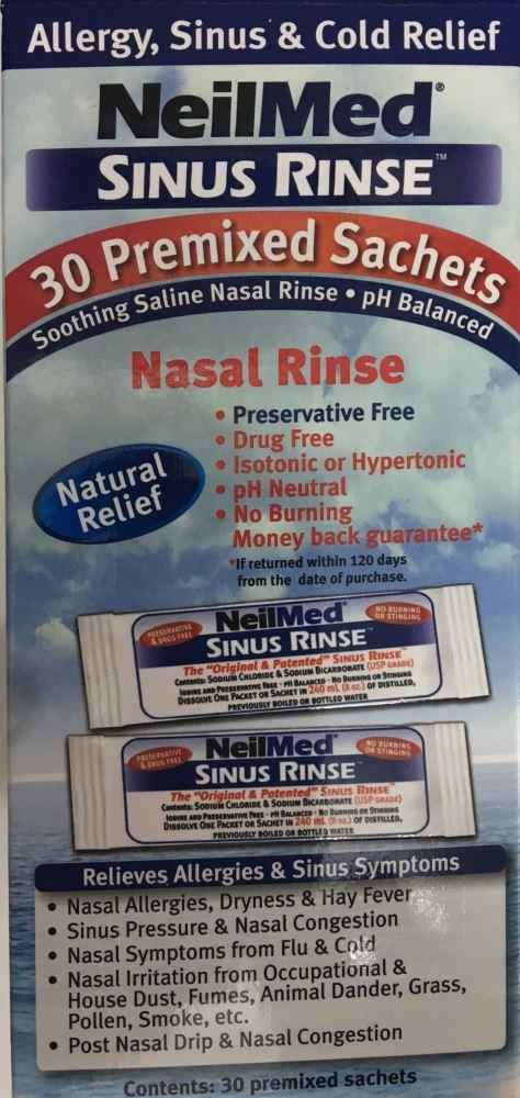 Neilmed Sinus Rinse 30 sachets packaging for nasal irrigation and allergy relief.