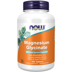 NOW Magnesium Glycinate 180 Tablets - Nervous System Support Critical for enzyme function,energy,google,issues,nerve support,sleep,Supports bone mineralization,Supports Cardiovascular health,Supports energy production,Supports Glucose metabolism,Supports