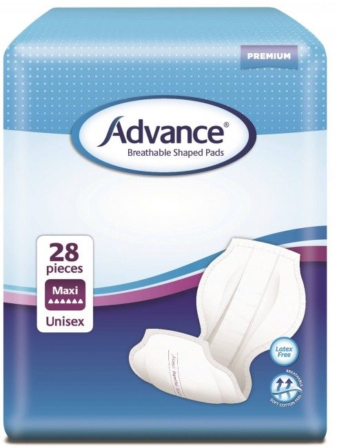Advance® Breathable Shaped Pads Breathable cloth,Double anti-leak cuffs,extra security and leakage protection,issues,moisture locking system,outer and inner material,reminder for replacement,side panels,soft and super discreet,wetness indicator