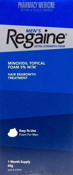 Regaine foam hair loss treatment in a blue pharmacy medicine box with 60g for men, easy-to-use foam for hair regrowth.