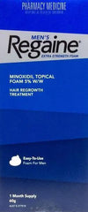 Regaine foam hair loss treatment in a blue pharmacy medicine box with 60g for men, easy-to-use foam for hair regrowth.