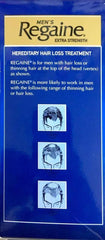 Regaine men's minoxidil 5% extra strength hair loss treatment box with hair loss diagrams.
