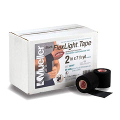 Mueller lightweight spatting tape packaging with rolls, black FlexLight tape for securing cleats and braces.