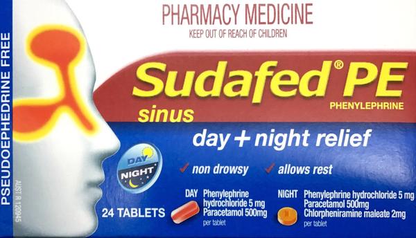 Sudafed PE Sinus Relief Day Plus Night Relief - 24 Tablets (Qty Restriction 1) cold and sinus tablets,day and night relief,optimized,over-the-counter medication,sinus relief,Sudafed PE