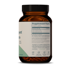 Triphala digestive support capsules in a brown bottle showing supplement facts for gut health and antioxidants.