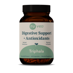 Triphala digestive support capsules with antioxidants in a brown supplement bottle, 60 capsules for gut health.