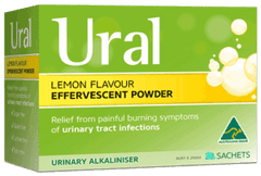 Ural OTC pack sachets, lemon flavour effervescent powder for urinary alkaliniser and relief from urinary tract infections.