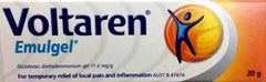 Voltaren Emugel 20g packaging for pain relief gel, contains diclofenac and targets local pain and inflammation.